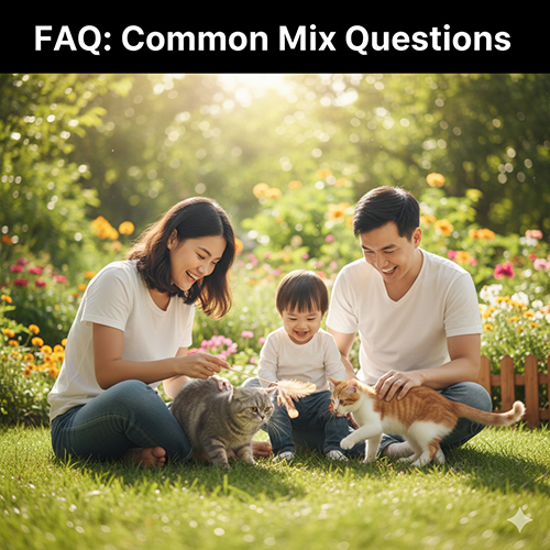 Gia đình Việt Nam vui đùa với mèo Anh lông ngắn lai mèo ta trong vườn đầy nắng