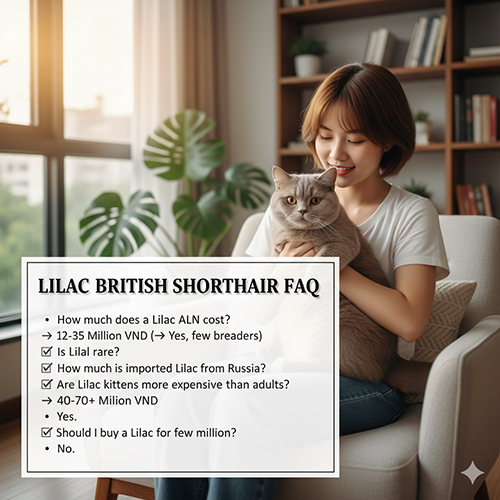 FAQ mèo Anh lông ngắn lilac – giá bán, độ hiếm, nhập khẩu, so sánh mèo con và trưởng thành
