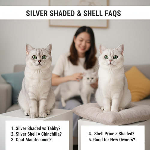 Câu hỏi thường gặp về mèo Anh lông ngắn Silver Shaded (ns11) và Silver Shell (ns12) cùng hình ảnh minh họa
