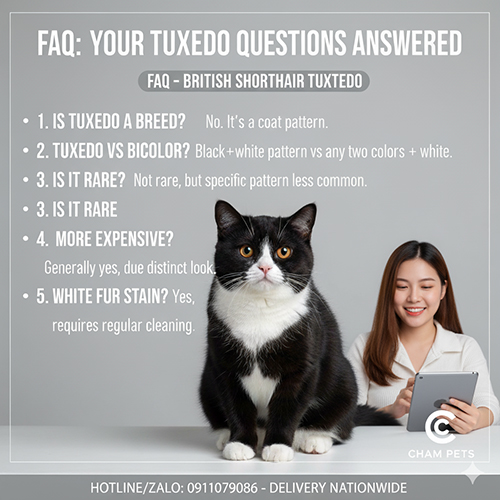 Giải đáp câu hỏi thường gặp về mèo Anh lông ngắn Tuxedo – sự khác biệt với Bicolor, độ hiếm, giá và cách chăm sóc