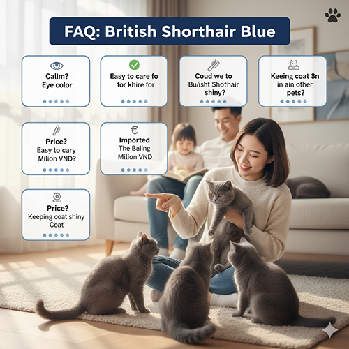 FAQ mèo Anh lông ngắn xám xanh (British Shorthair Blue) – các câu hỏi thường gặp về mắt, tính cách, cách chăm sóc lông, giá và khả năng nuôi cùng thú cưng khác.