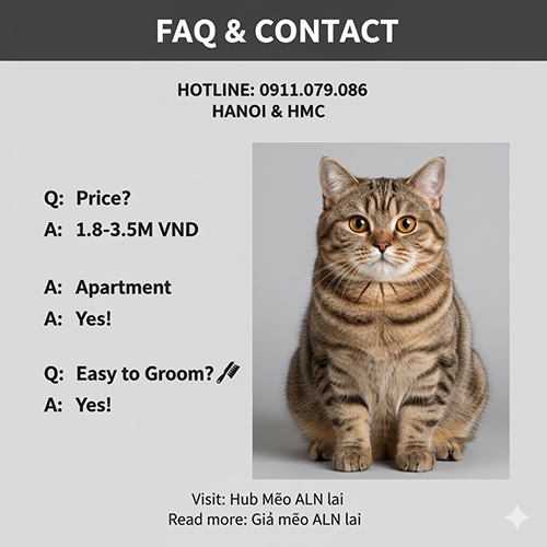Mèo mướp lai mèo Anh lông ngắn ngồi nghiêm chỉnh, lông tabby sọc nâu, bên cạnh bảng thông tin liên hệ và giá bán