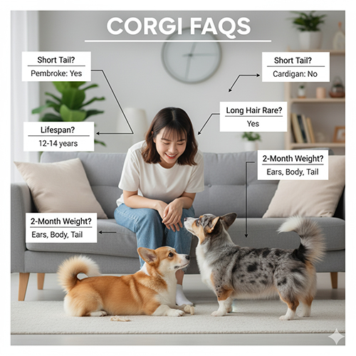 FAQ mini chó Corgi – đuôi Pembroke ngắn, Cardigan dài, tuổi thọ 12–14 năm, lông dài hiếm, cân nặng 2 tháng 2.5–3.5kg