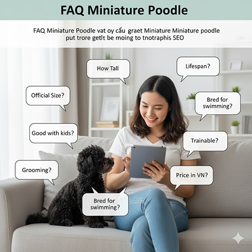 FAQ Miniature Poodle – câu hỏi thường gặp: chiều cao, cân nặng, tuổi thọ, giá bán, tính cách, chăm sóc và huấn luyện