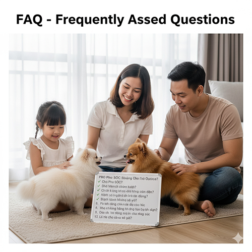 FAQ Phốc Sóc theo độ tuổi: gia đình chơi với hai chó Pomeranian trong phòng khách, danh sách câu hỏi về tăng cân (BCS 4–5/9), chuyển puppy→adult, blowing coat 5–6M, lịch chải–tắm–sấy, xã hội hoá, sống chung cư, spa, béo phì và khi cần đi thú y.