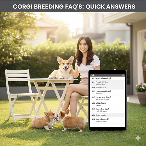 FAQ phối giống chó Corgi, câu hỏi thường gặp về độ tuổi, số lần phối, soi trứng, tắm và rủi ro cận huyết