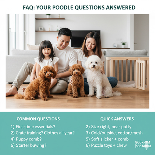 Gia đình và ba chú Poodle với danh sách câu hỏi thường gặp về phụ kiện nuôi Poodle