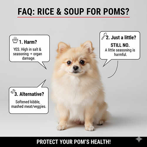 Chú chó Phốc Sóc ngồi giữa các hộp thoại trả lời câu hỏi về việc cho chó ăn cơm chan canh, nhấn mạnh tác hại và đưa ra các lựa chọn thay thế.