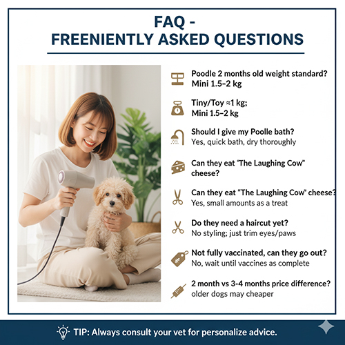 FAQ Poodle 2 tháng tuổi – cân nặng chuẩn, tắm gội, ăn phô mai, cắt lông, tiêm phòng và so sánh giá theo tuổi
