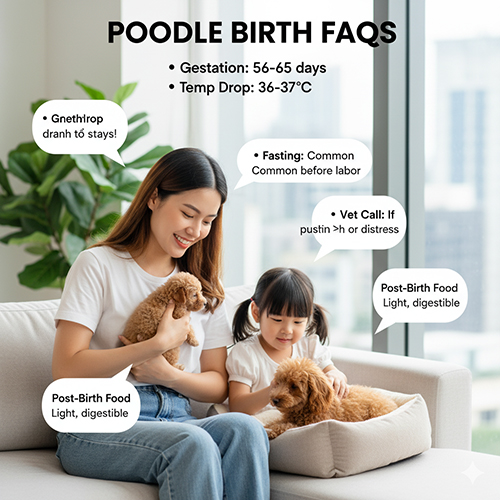 ❓ FAQ chó Poodle sinh con: thời gian mang thai, dấu hiệu sắp sinh, nhịn ăn, khi nào gọi thú y, chế độ ăn sau sinh