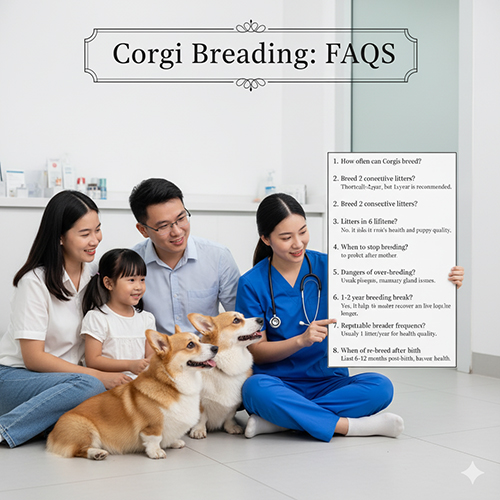 FAQ sinh sản Corgi: số lứa/năm, nguy cơ đẻ dày, số lứa trọn đời, tuổi dừng sinh, thời gian phối lại và khuyến nghị từ trại uy tín.