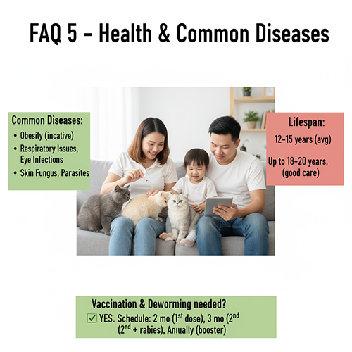 FAQ sức khỏe và bệnh thường gặp ở mèo Anh lông ngắn – tuổi thọ, bệnh lý, lịch tiêm