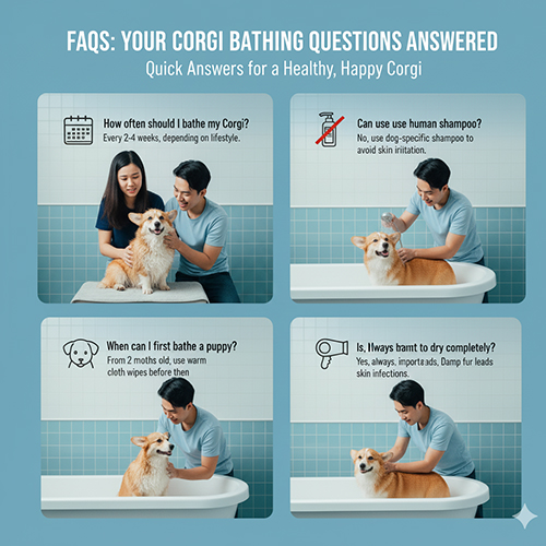 FAQ tắm cho chó Corgi: tần suất tắm, có dùng sữa tắm người không, mấy tháng tắm được, có cần sấy khô