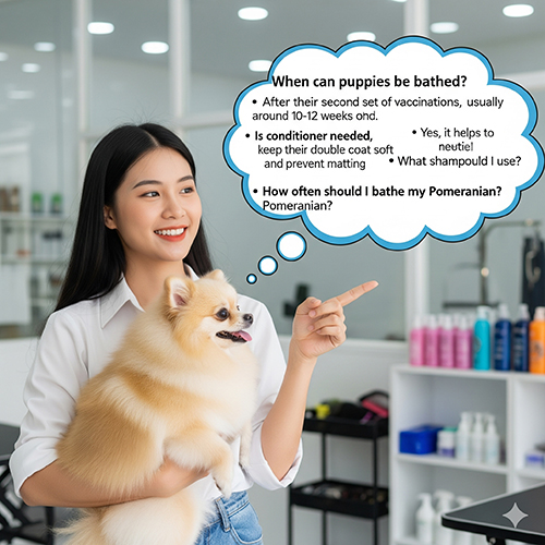 Câu hỏi thường gặp khi tắm cho chó Phốc Sóc: Pom mini có cần tắm nhiều hơn không, có nên dùng xịt dưỡng, Pom con mấy tháng mới được tắm, lưu ý khi tắm mùa đông