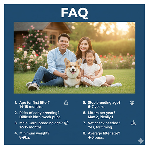 FAQ Corgi sinh sản: độ tuổi đẻ lứa đầu, rủi ro đẻ sớm, tuổi phối của Corgi đực, cân nặng tối thiểu, tuổi ngừng đẻ, số lứa/năm, soi trứng và số con trung bình.