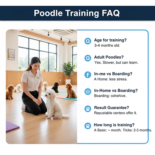 FAQ về trường huấn luyện chó Poodle: độ tuổi, Poodle trưởng thành, tại nhà vs gửi trại, cam kết kết quả, thời gian huấn luyện