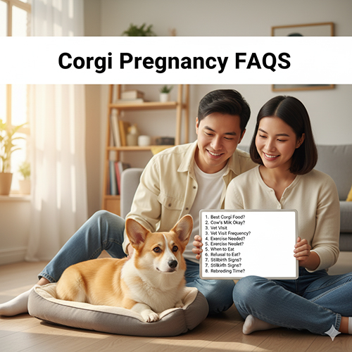 Gia đình cùng chó Corgi xem bảng câu hỏi thường gặp về chăm sóc thai kỳ như dinh dưỡng, siêu âm, ổ đẻ và dấu hiệu bất thường.