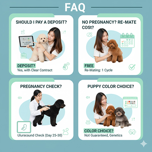 Câu hỏi thường gặp khi phối giống chó Poodle: đặt cọc, phối lại, siêu âm thai và chọn màu con