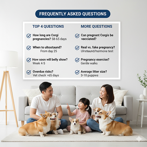 Gia đình cùng đàn chó Corgi, minh họa FAQ về thời gian mang thai, siêu âm, dấu hiệu và số con trong một lứa.