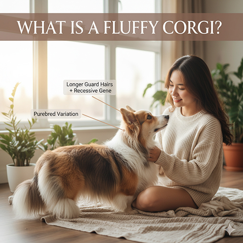 Cô gái ngồi trong phòng sáng tự nhiên vuốt ve chú Corgi lông dài Fluffy, minh họa biến thể do gen lặn tạo nên bộ lông dài.