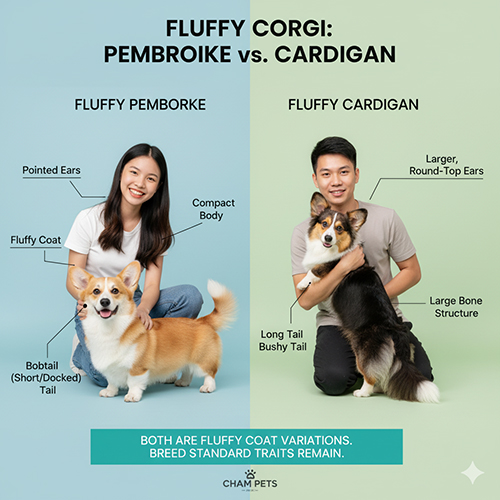 So sánh Fluffy Pembroke và Fluffy Cardigan qua đặc điểm tai, đuôi và khung xương, minh họa sự khác biệt giữa hai dòng.