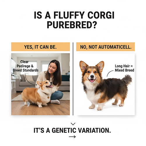 Minh họa so sánh Fluffy Corgi thuần chủng có giấy tờ với Corgi lông dài không rõ nguồn gốc, giải thích Fluffy chỉ là biến thể gen.