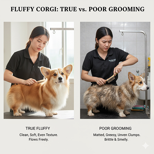 So sánh Corgi lông dài Fluffy thật với Corgi lông xù do chăm sóc kém, minh họa sự khác biệt về kết cấu và độ mềm mượt của lông.