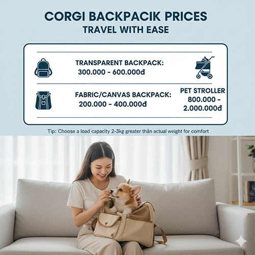Chó Corgi ngồi trong balo vải canvas, minh họa bảng giá balo và xe đẩy thú cưng
