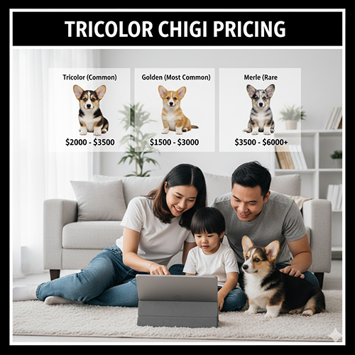 Bảng giá chó Corgi Tricolor so sánh với vàng và merle, phụ thuộc vào phả hệ, giấy tờ và độ rõ của mảng màu.
