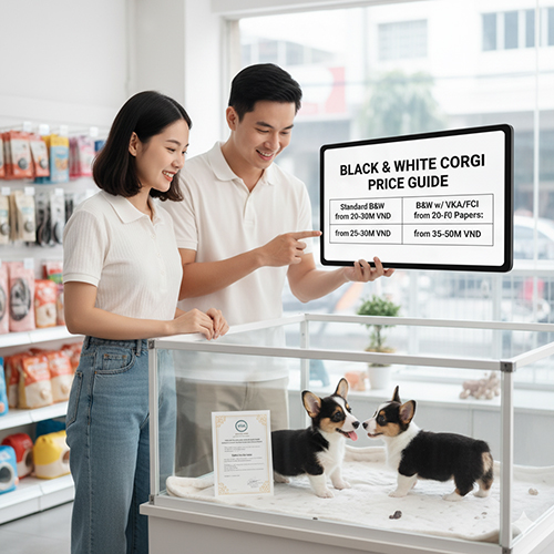 Cặp đôi tham khảo bảng giá chó Corgi đen trắng con trong cửa hàng thú cưng 🖤🤍💰