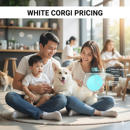 Gia đình trẻ bên chó Corgi màu trắng – bảng giá tham khảo theo màu lông và phả hệ 🤍💰