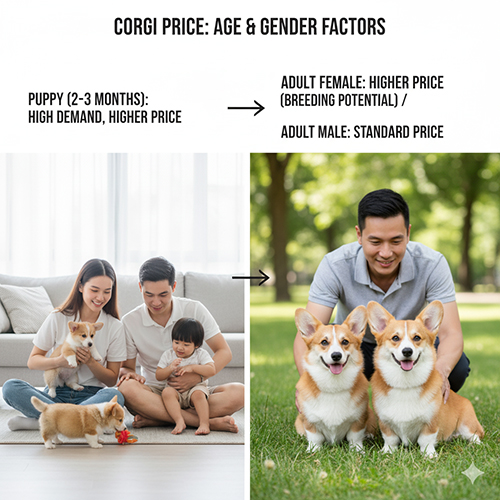 Bảng giá chó Corgi 2025 theo độ tuổi và giới tính – Puppy 2–3 tháng giá cao; cái tiềm năng sinh sản thường nhỉnh hơn