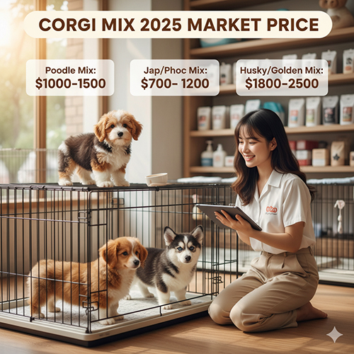 Các giống chó Corgi lai Poodle, Phốc, Husky trong cửa hàng thú cưng, minh họa bảng giá năm 2025