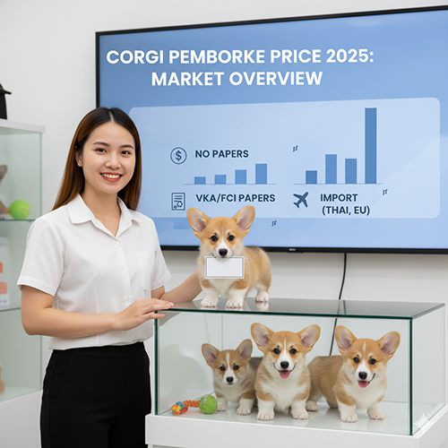 Nhân viên tư vấn bên cạnh 4 bé chó Corgi Pembroke con, minh họa bảng giá 2025 theo từng phân khúc: không giấy, có giấy VKA/FCI và nhập khẩu