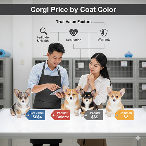 Bốn chú chó Corgi với màu lông khác nhau được so sánh giá trị, minh họa yếu tố quyết định giá bán.