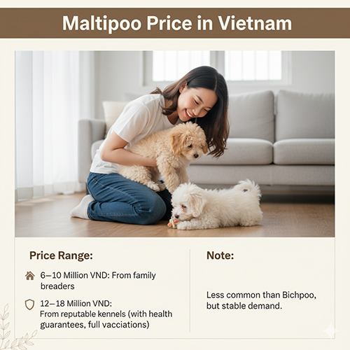 Giá Maltipoo – Poodle lai Maltese tại Việt Nam: 6–10 triệu từ hộ gia đình, 12–18 triệu từ trại uy tín có bảo hành và sổ tiêm