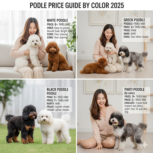 Giá chó Poodle theo màu 2025 – Bảng giá Poodle trắng, đen, xám, bò sữa (Parti), socola