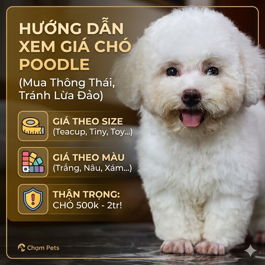 Ảnh graphic Chạm Pets hướng dẫn xem giá chó Poodle: cảnh báo lừa đảo chó 500k-2tr, giá theo size, giá theo màu.