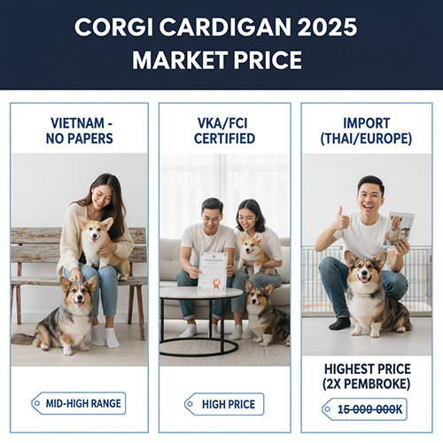 So sánh giá chó Corgi Cardigan 2025 tại Việt Nam: không giấy, có giấy VKA/FCI và nhập khẩu Thái/Châu Âu