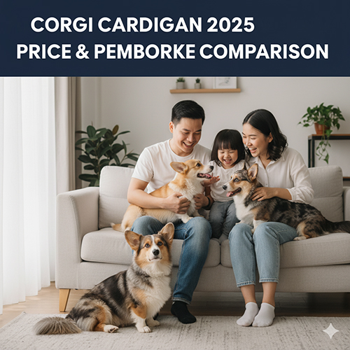 Gia đình vui đùa cùng ba chú chó Corgi Cardigan và Pembroke trong phòng khách, minh họa cho bài viết giá và so sánh
