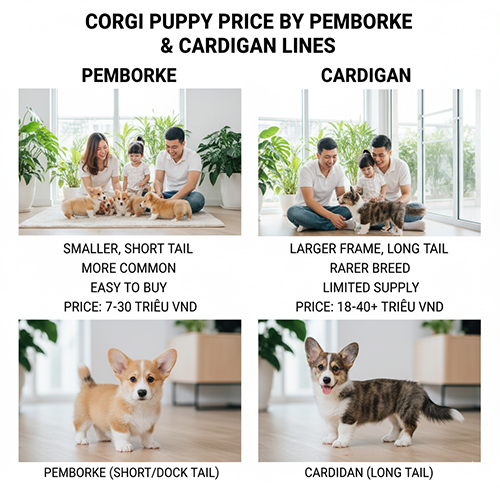 Bảng giá Corgi con 2025 theo dòng Pembroke (đuôi ngắn, phổ biến, 7–30 triệu) và Cardigan (đuôi dài, hiếm, 18–40 triệu)