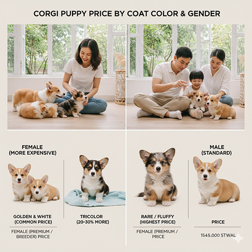 Bảng giá Corgi con 2025 theo màu lông và giới tính: vàng trắng phổ biến, tricolor cao hơn 20–30%, fluffy/hiếm giá cao nhất; bé cái thường đắt hơn bé đực