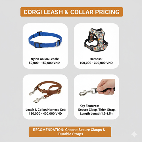 Minh họa các loại dây dắt và vòng cổ cho chó Corgi kèm mức giá phổ biến