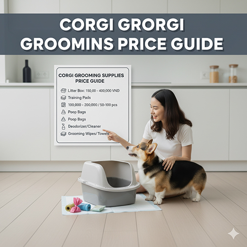 Một người phụ nữ trẻ đang hướng dẫn chú chó Corgi của mình bên cạnh khay vệ sinh và các vật dụng vệ sinh khác. Bức ảnh có biểu đồ về giá các đồ dùng vệ sinh cho Corgi như khay vệ sinh, tã lót, túi nhặt phân, xịt khử mùi và khăn lau.