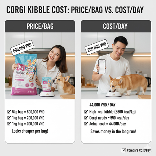 So sánh giá hạt theo bao và chi phí thực tế mỗi ngày cho chó Corgi