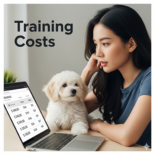 Cô gái cùng chó Poodle con ngồi trước laptop hiển thị bảng giá khóa huấn luyện chó