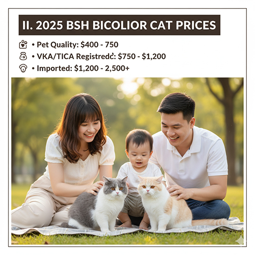 Giá mèo Anh lông ngắn bicolor năm 2025 theo từng phân khúc: pet, có giấy VKA/TICA, nhập Thái và nhập Âu