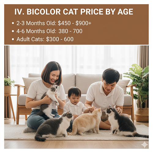 Giá mèo Anh lông ngắn bicolor theo độ tuổi: mèo con 2–3 tháng, 4–6 tháng và mèo trưởng thànhGiá mèo Anh lông ngắn bicolor theo độ tuổi: mèo con 2–3 tháng, 4–6 tháng và mèo trưởng thành