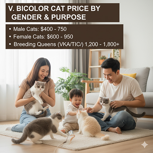 Giá mèo Anh lông ngắn bicolor theo giới tính và mục đích: mèo đực, mèo cái và mèo giống