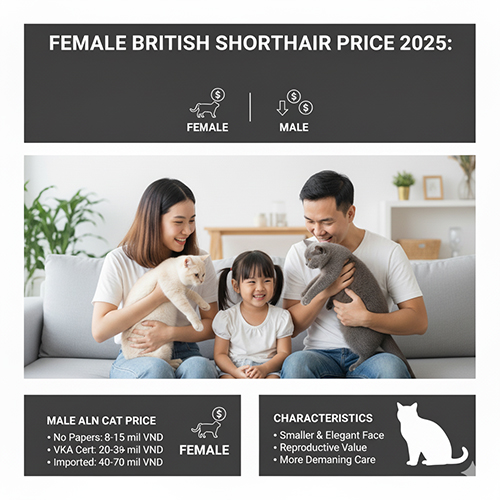 Infographic giá mèo Anh lông ngắn cái 2025 – gia đình ôm hai mèo British Shorthair màu kem và xám, nêu mèo cái giá cao hơn do giá trị sinh sản